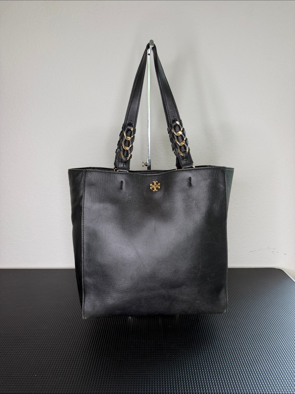Tory Burch Black Leather Tote with Chain-Accent Handles